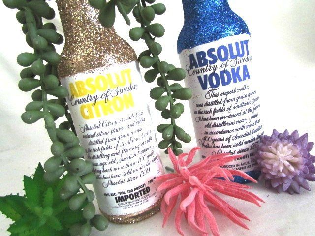 photo Absolut Vodka Party Favors glittered bottles diy flower vases