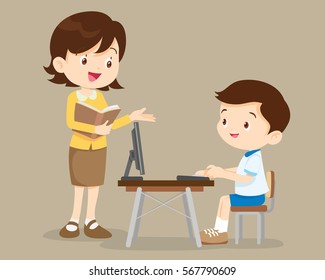 photo Cartoon Teacher And Student Images https www shutterstock com image vector teacher student boy learning computer 567790609