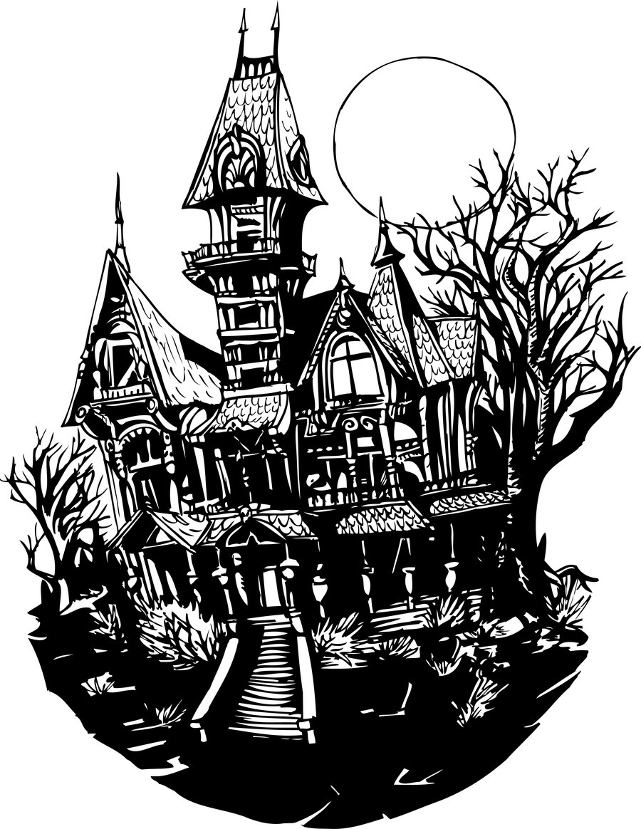 wallpapers Haunted House Line Art etsy