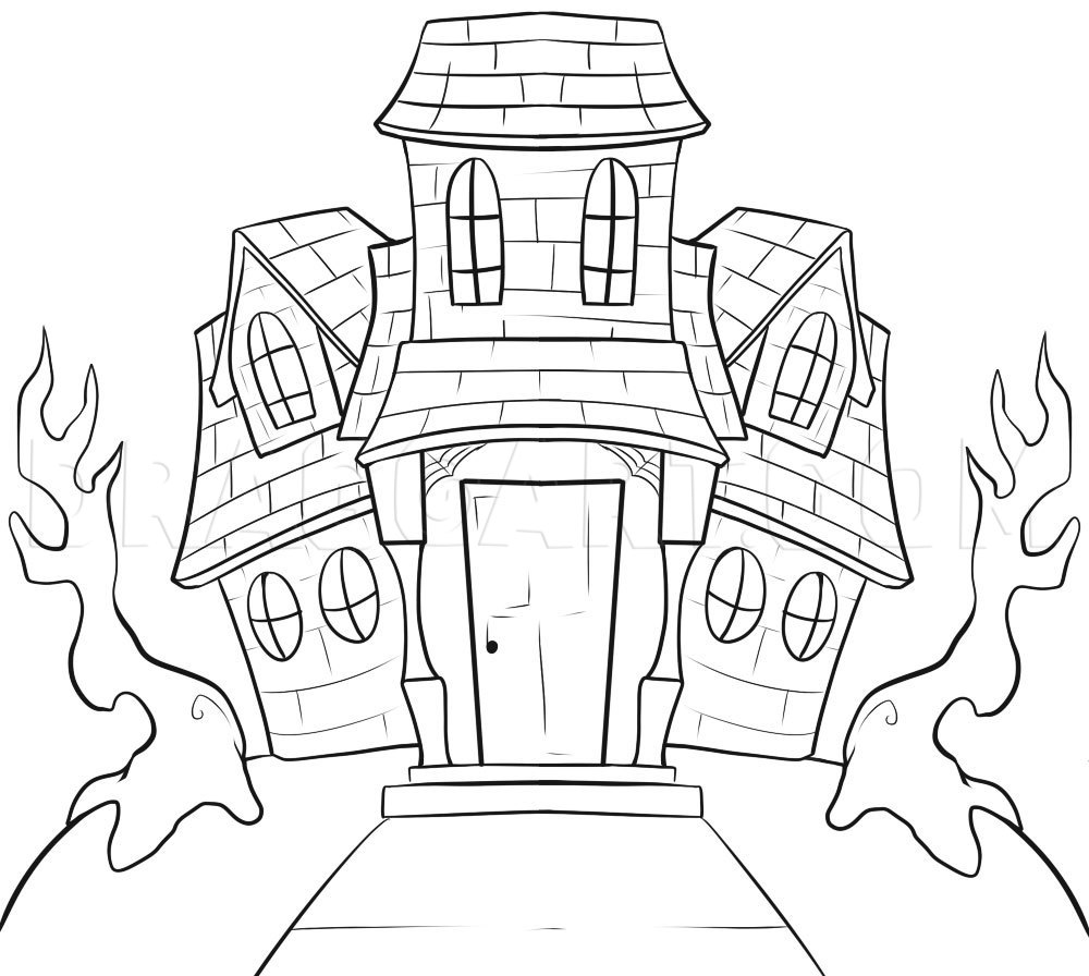 photo Haunted House Line Art how to draw a haunted house step by