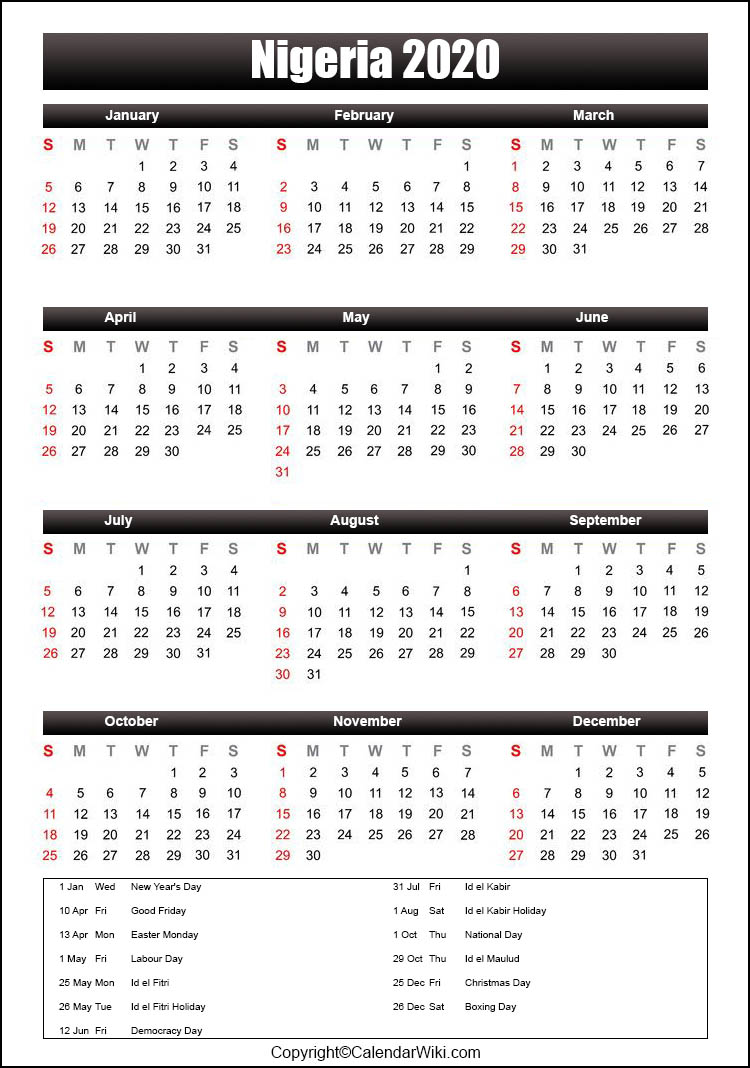 images Nigeria Calendar 2020 With Holidays public holidays and bank holidays